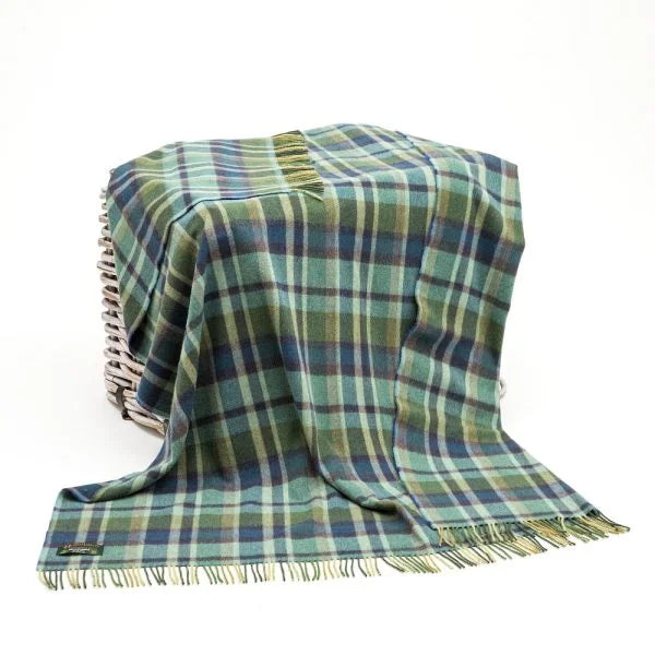 Wool throw with green and blue tartan checks