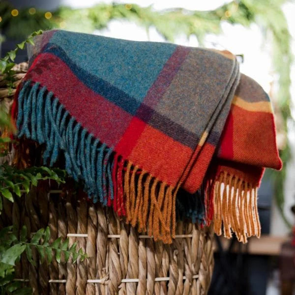 Orange, Green, Yellow, and Burgundy Checkered Wool Throw
